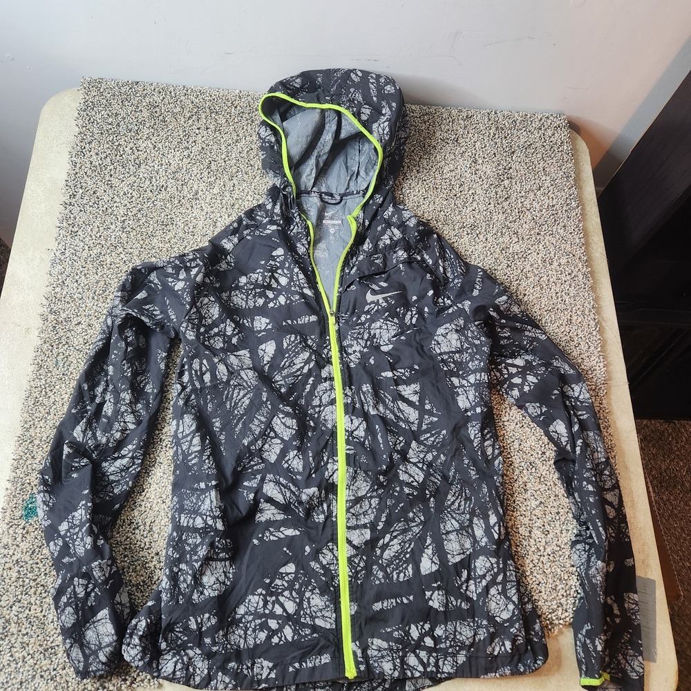 Nike Mens Running Jacket Windbreaker Black Grey Neon Green Abstract Print Size M
